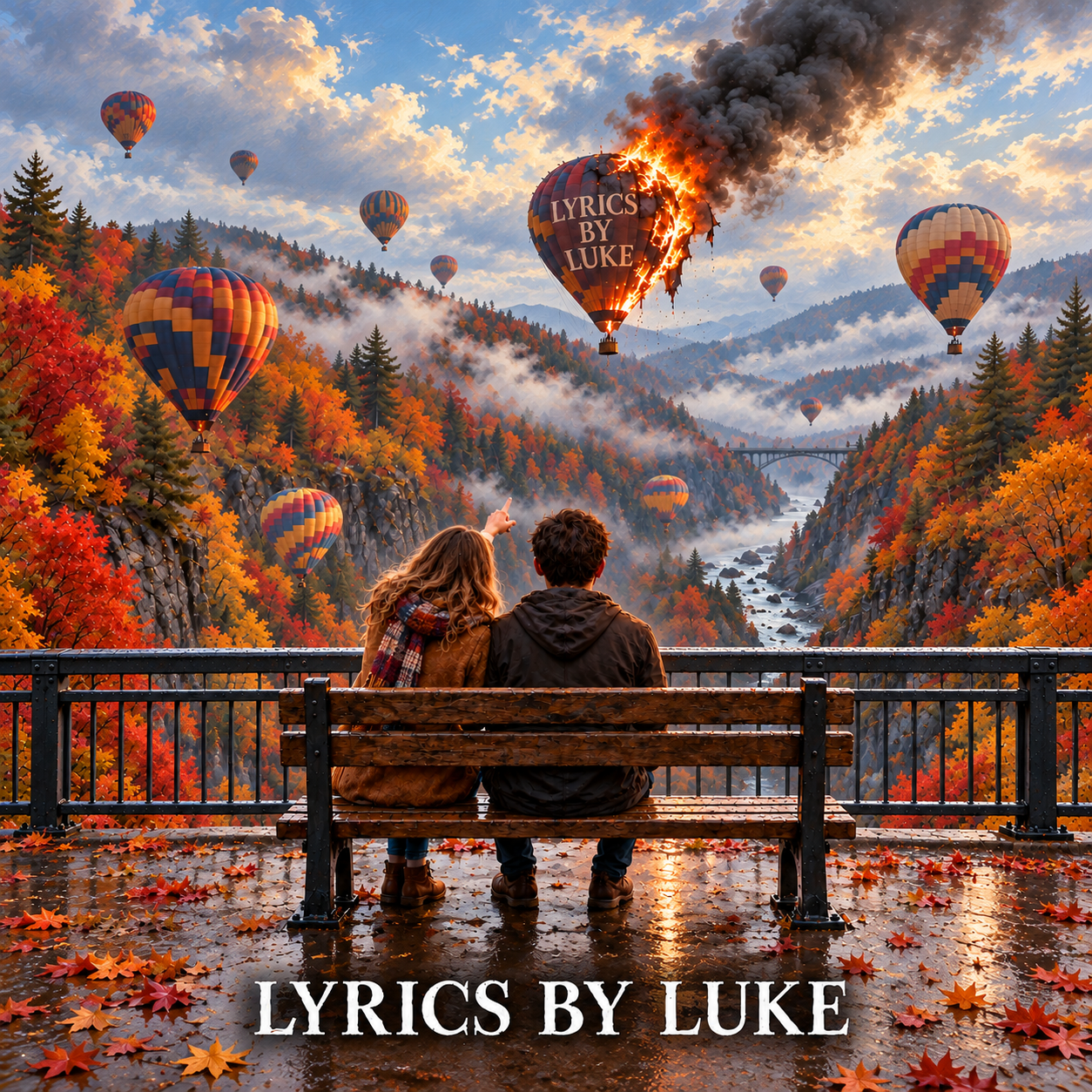 Lyrics by Luke artwork: a couple on a bench overlooking autumn balloons in a Vermont gorge
